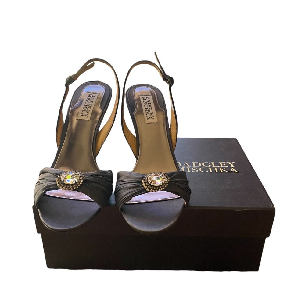 Badgley Mischka - Gray Satin Oma Open Toe Jeweled Slingback Heels - Size 7